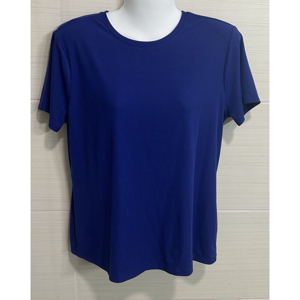 Nine West Blue Ribbed Knit Crew Neck Short Sleeve Soft Spun T-Shirt M, Comfort